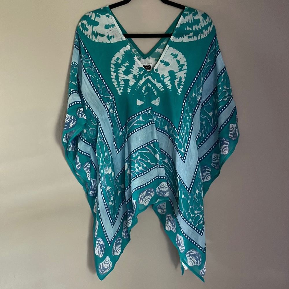 NWT Mudpie Linen Poncho Teal Seashells OS